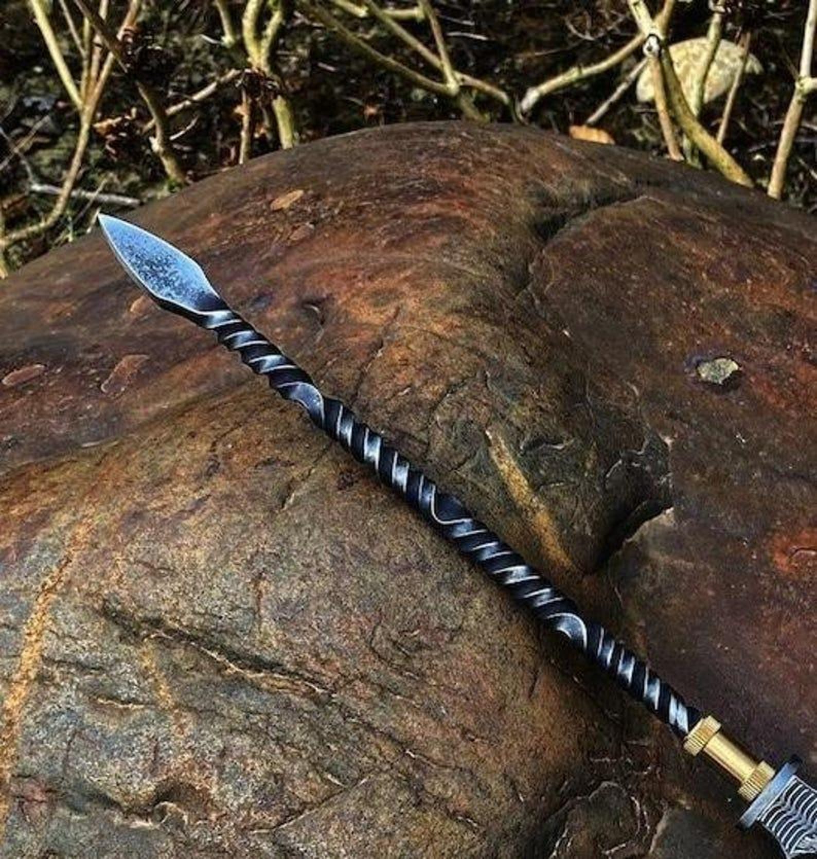 Hand Forged Hunting Spear: Rustic Steel Camping Spear with Leather Sheath