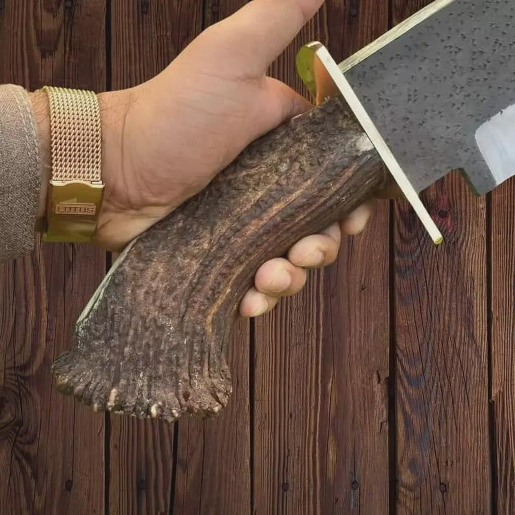 Handmade Stainless Steel Bowie Knife: Antler Handle, Leather Sheath