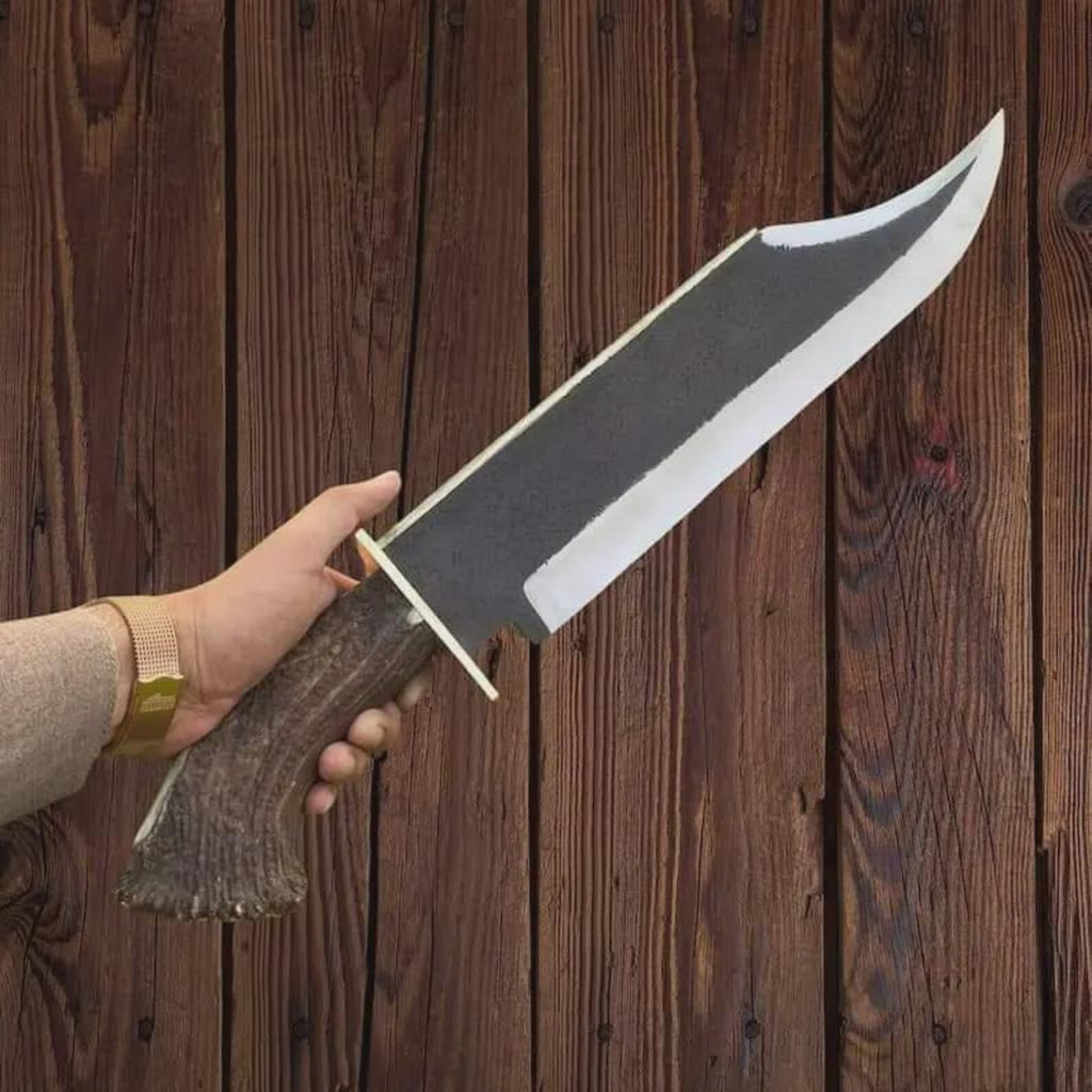 Handmade Stainless Steel Bowie Knife: Antler Handle, Leather Sheath