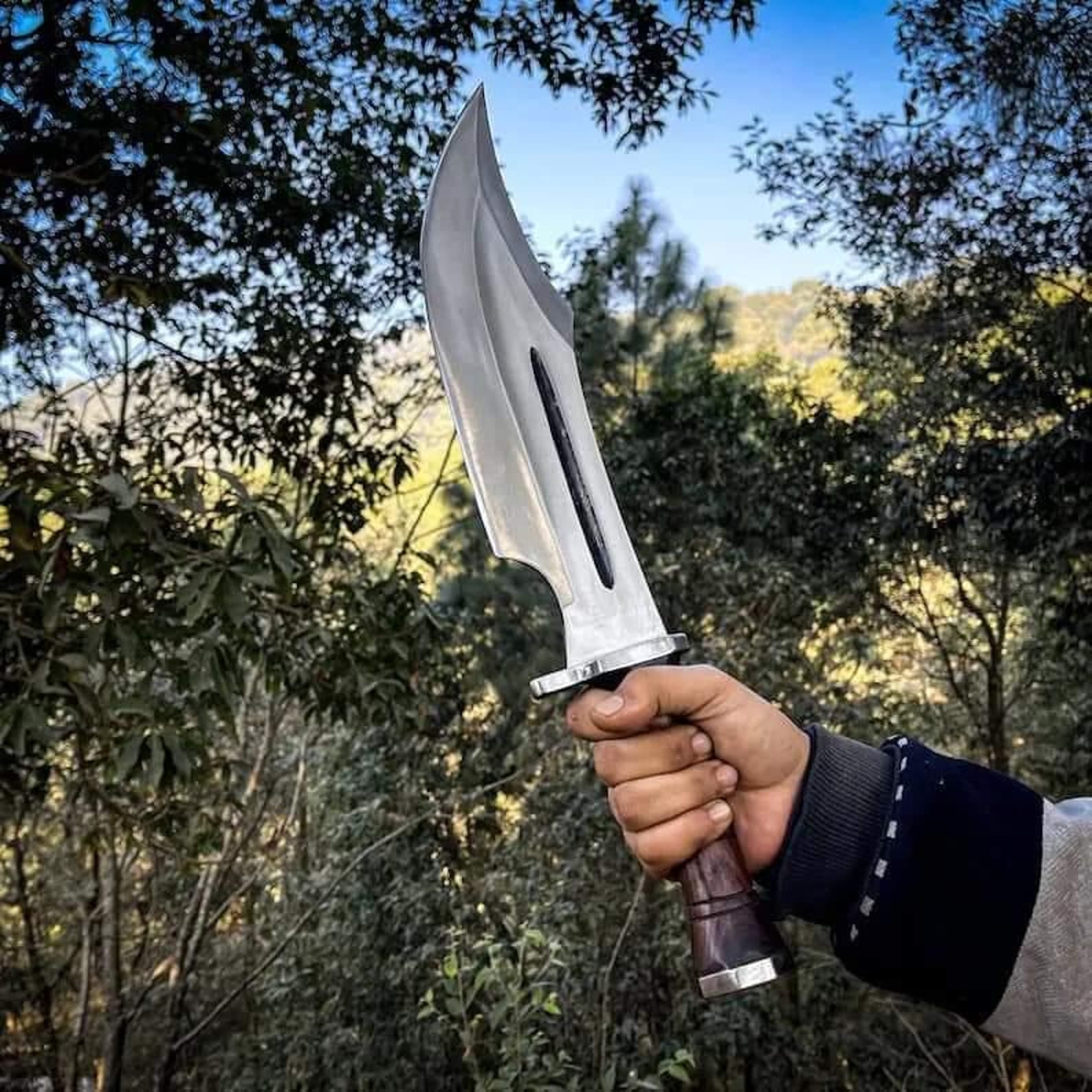 Handmade High Carbon Steel Bowie Knife: Rosewood Handle, Leather Sheath