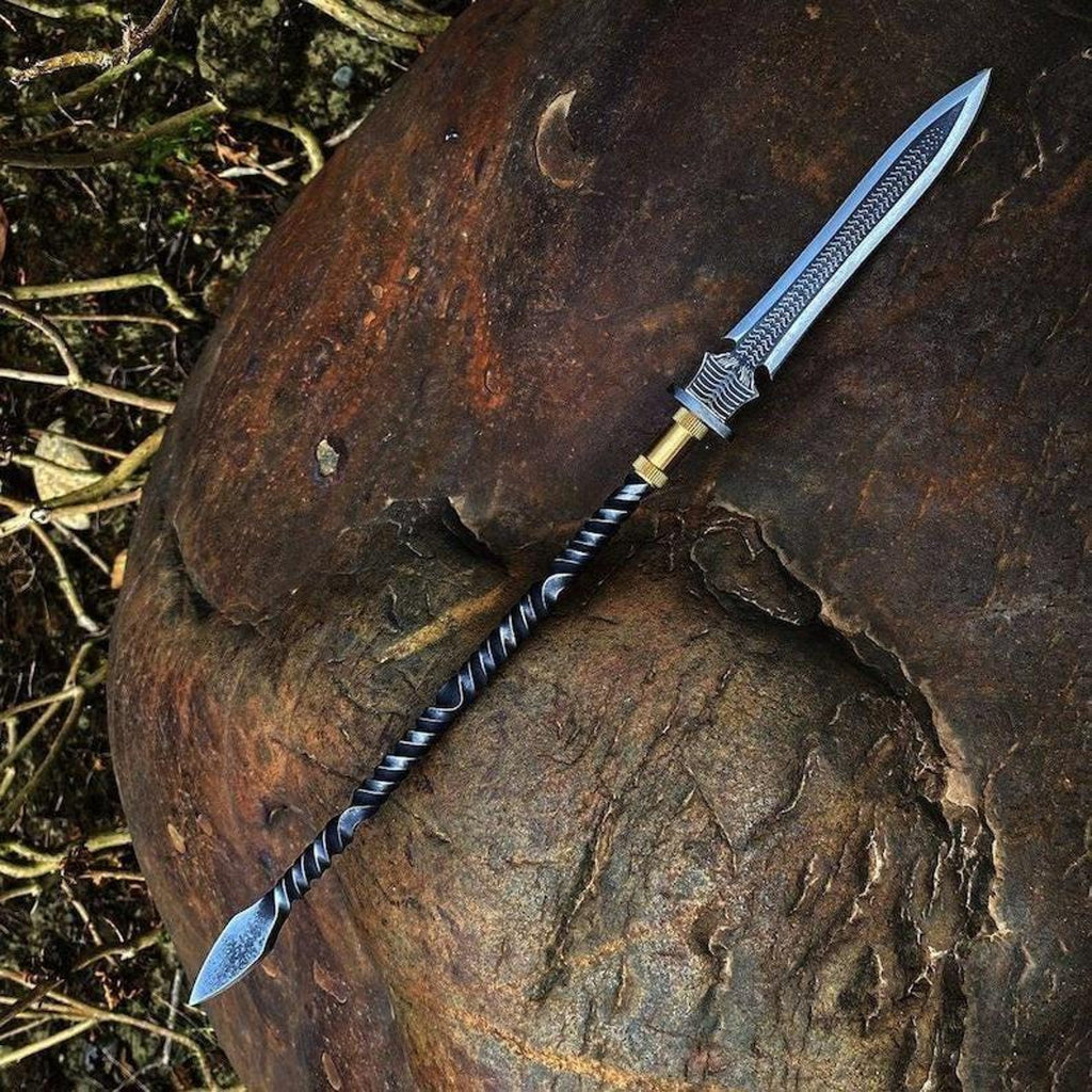 Hand Forged Hunting Spear: Rustic Steel Camping Spear with Leather Sheath