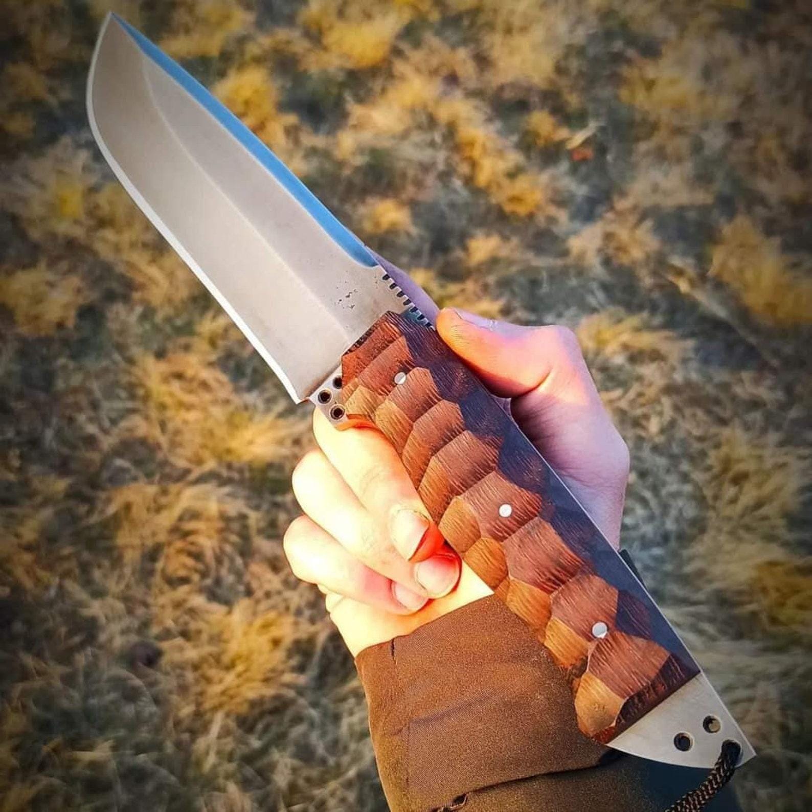 Handmade Camping Knife: Rosewood Handle, Leather Sheath - 15" Overall