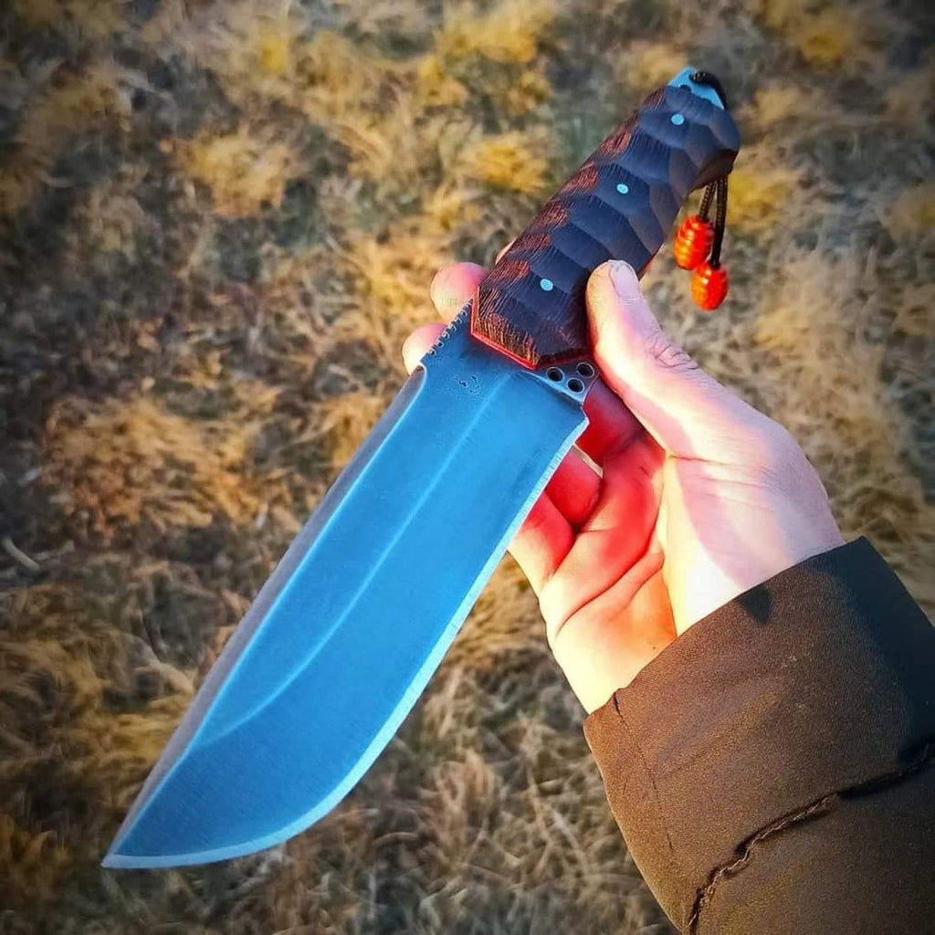 Handmade Camping Knife: Rosewood Handle, Leather Sheath - 15" Overall