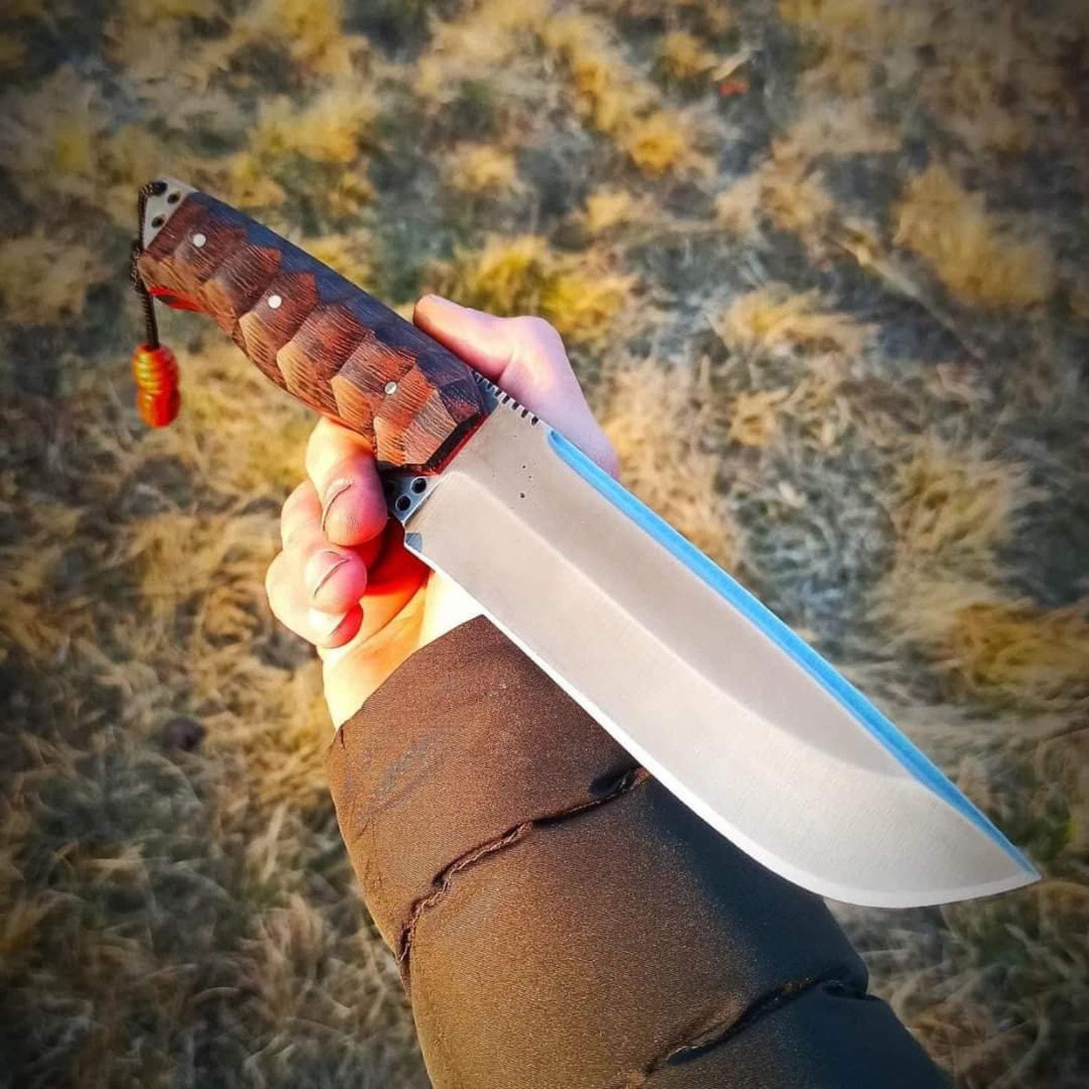 Handmade Camping Knife: Rosewood Handle, Leather Sheath - 15" Overall