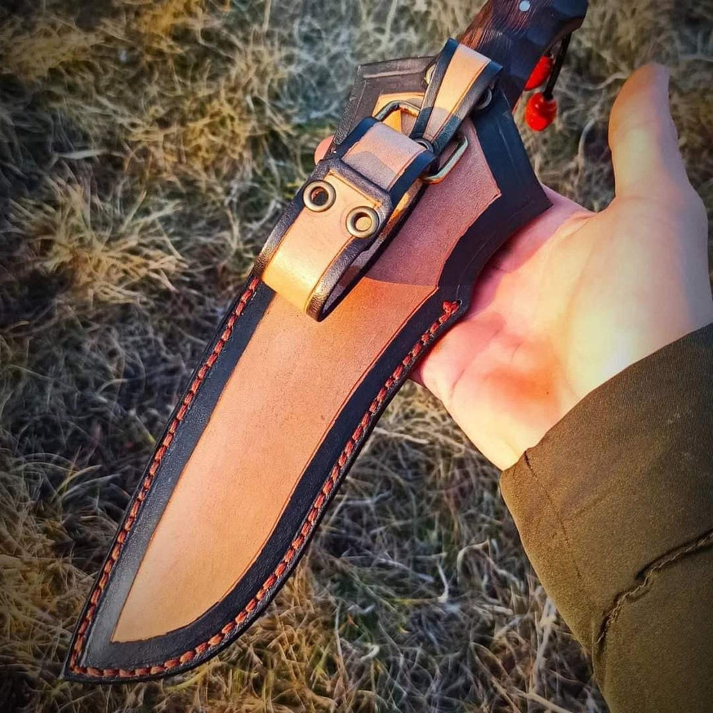 Handmade Camping Knife: Rosewood Handle, Leather Sheath - 15" Overall