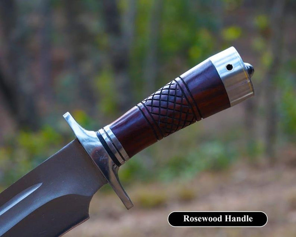 Handmade Bowie Knife Set: High Carbon Steel Blade, Rosewood Handle & Leather Sheath