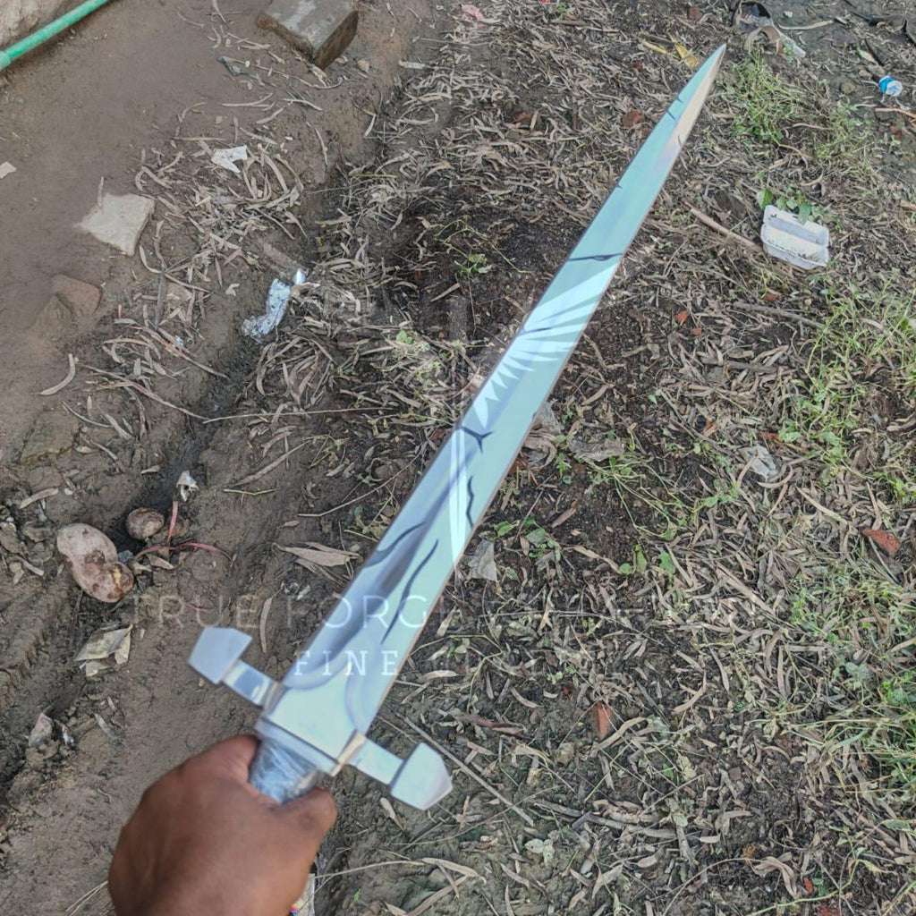 Handmade High Carbon Steel Sword: Etched Blade, Leather Handle