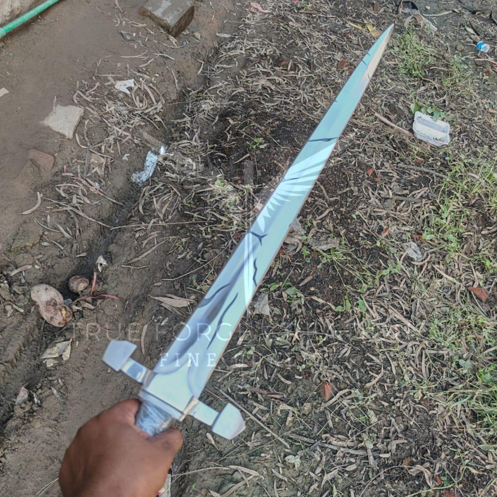 Handmade High Carbon Steel Sword: Etched Blade, Leather Handle
