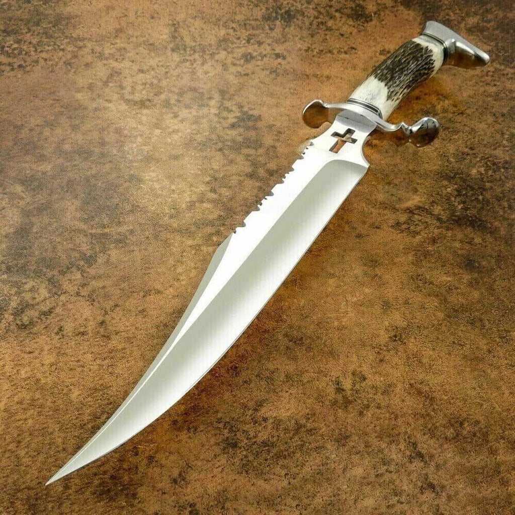 Handmade High Carbon Steel Bowie Knife – 20” Overall Length – Horn Handle with Silver Accents