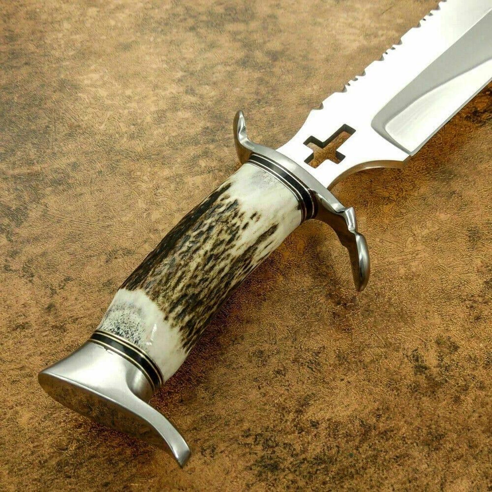 Handmade High Carbon Steel Bowie Knife – 20” Overall Length – Horn Handle with Silver Accents