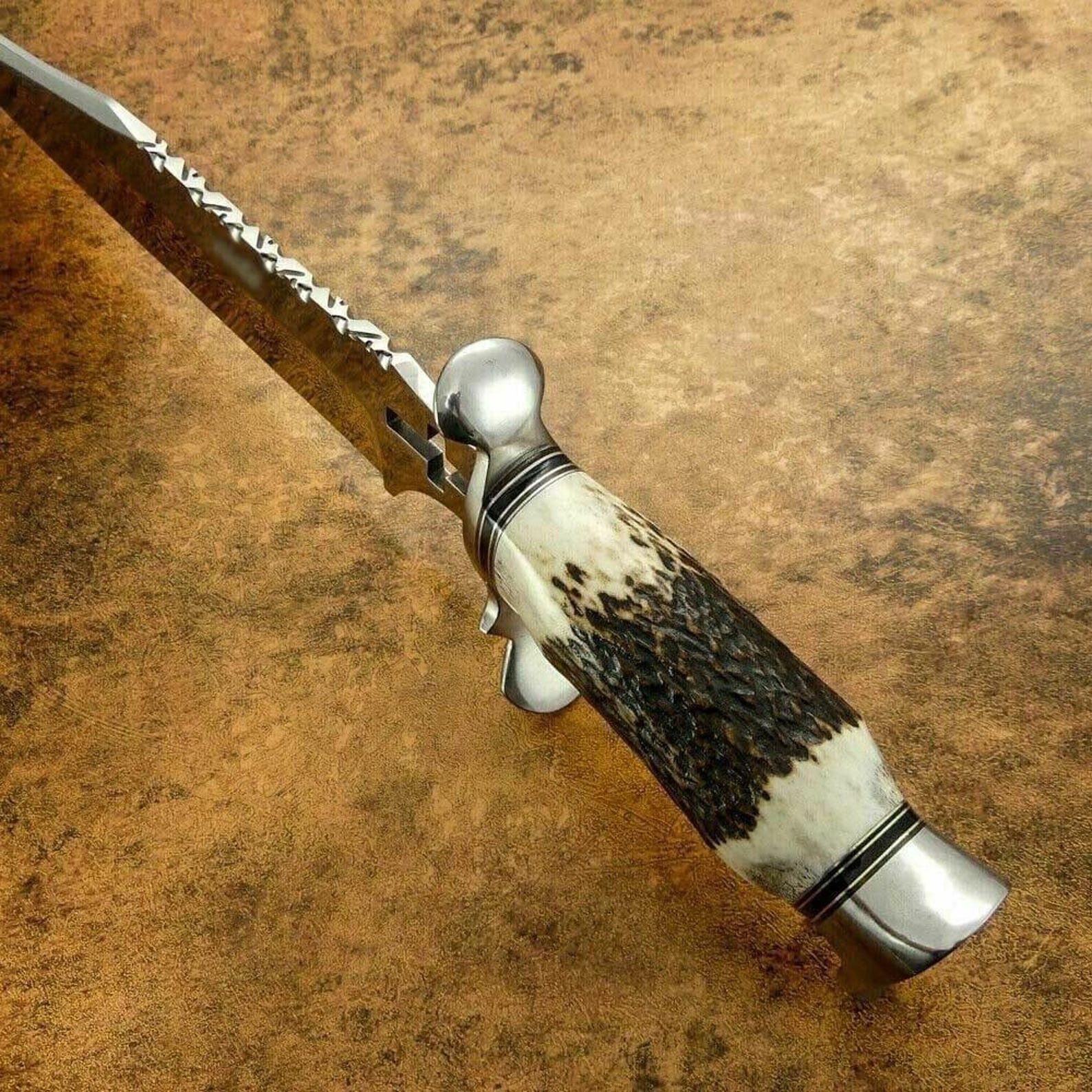 Handmade High Carbon Steel Bowie Knife – 20” Overall Length – Horn Handle with Silver Accents