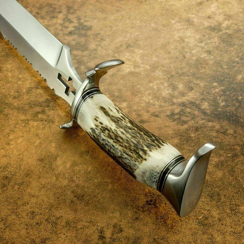 Handmade High Carbon Steel Bowie Knife – 20” Overall Length – Horn Handle with Silver Accents