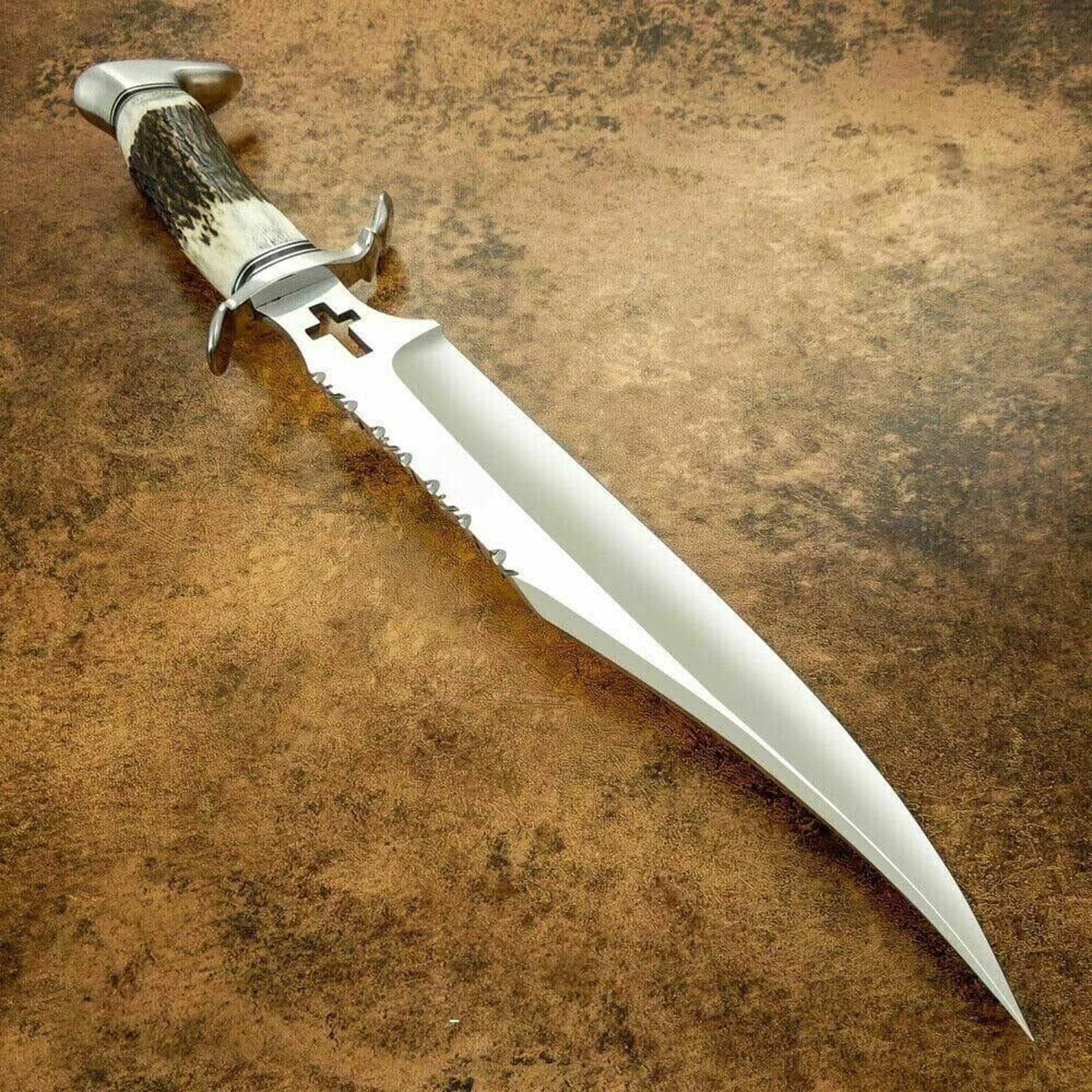 Handmade High Carbon Steel Bowie Knife – 20” Overall Length – Horn Handle with Silver Accents
