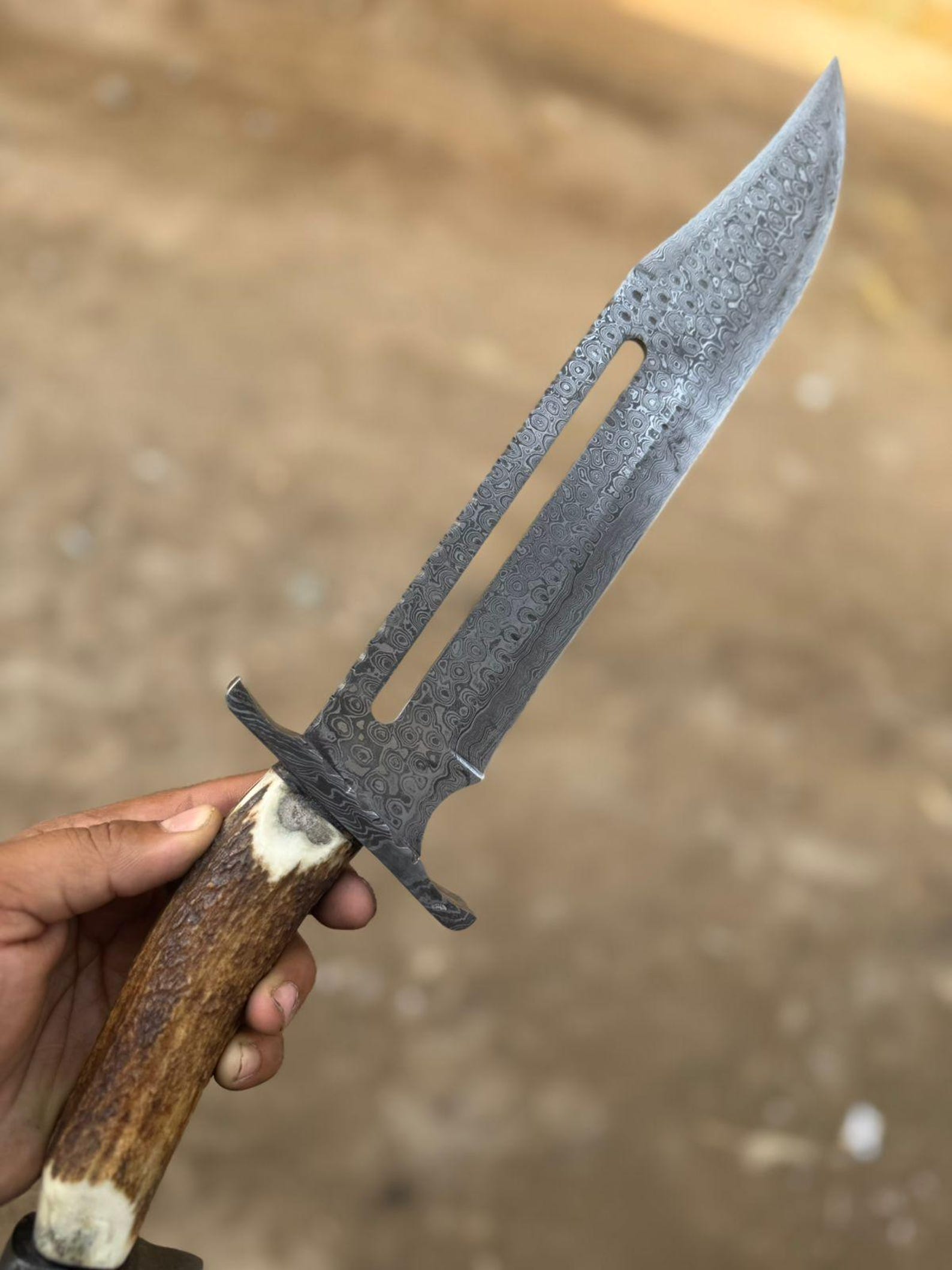 Handmade Damascus Steel Bowie Knife – Horn Handle, Leather Sheath – 17" Overall Length
