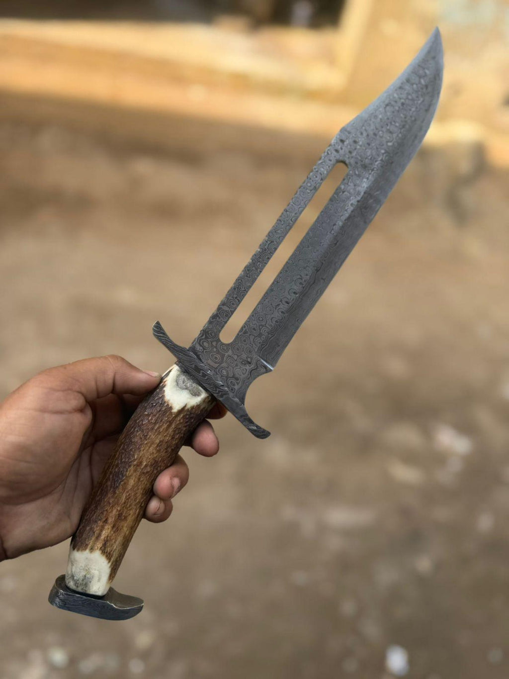 Handmade Damascus Steel Bowie Knife – Horn Handle, Leather Sheath – 17" Overall Length