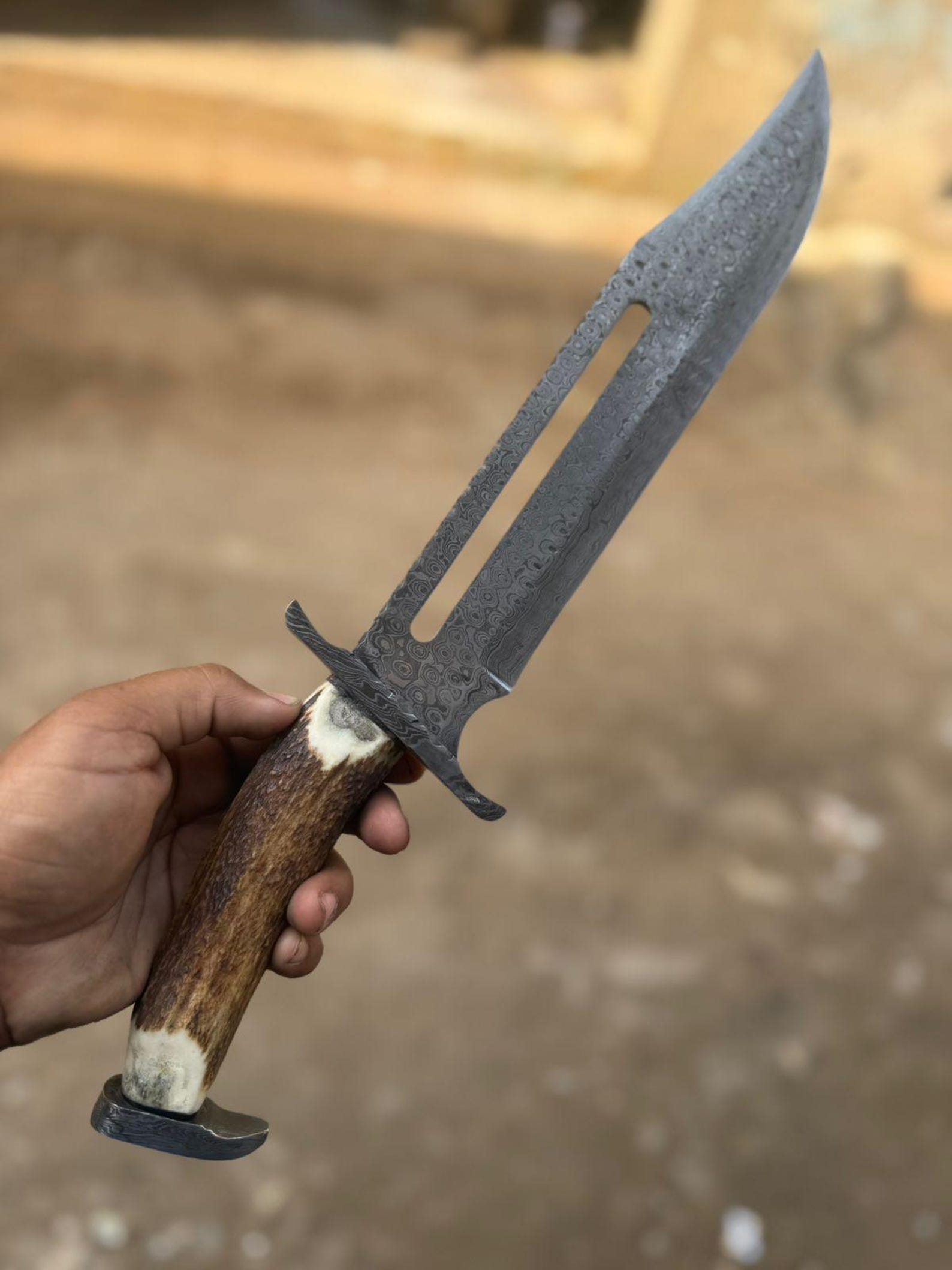 Handmade Damascus Steel Bowie Knife – Horn Handle, Leather Sheath – 17" Overall Length