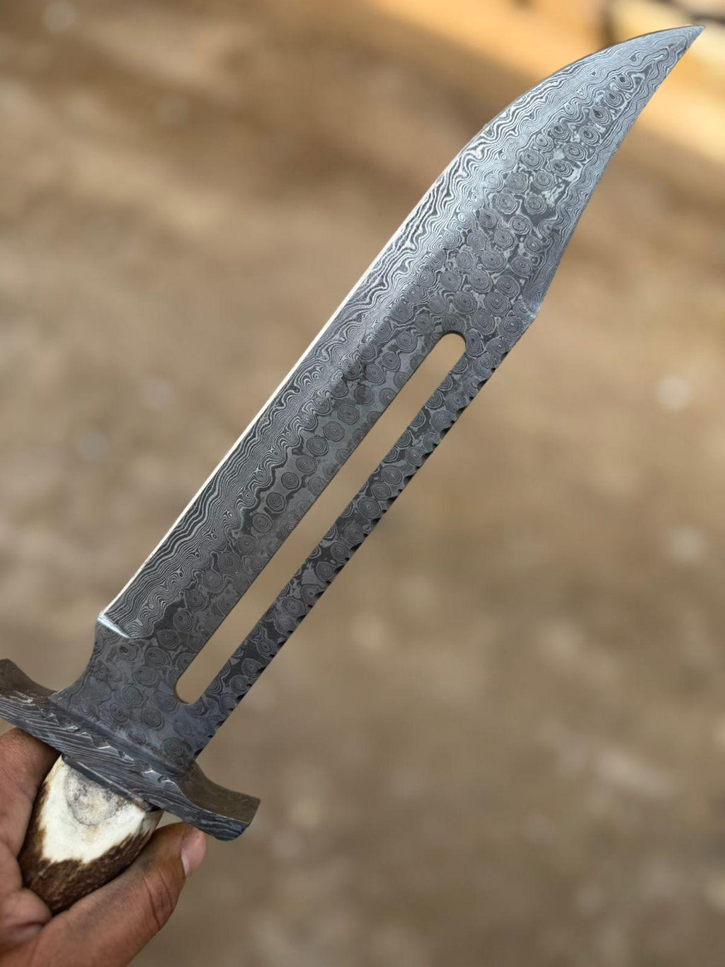 Handmade Damascus Steel Bowie Knife – Horn Handle, Leather Sheath – 17" Overall Length
