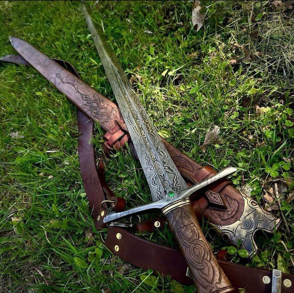 Handmade Damascus Steel Replica Sword – 38” Overall Length | Rosewood Handle | Leather Sheath Included