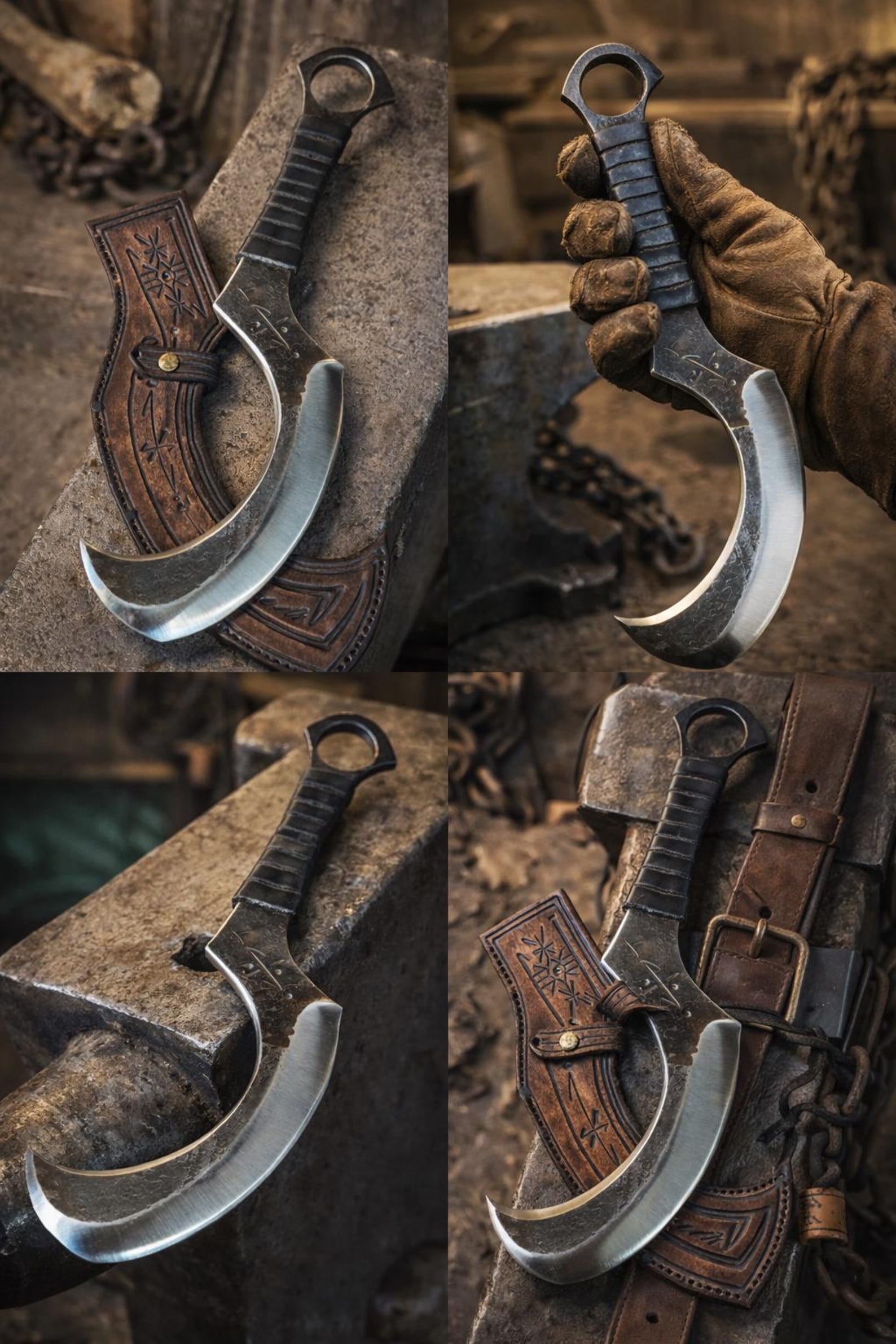 Handmade Carbon Steel Karambit Knife – 14” Forged Blade with Leather Sheath – Viking Curved Knife